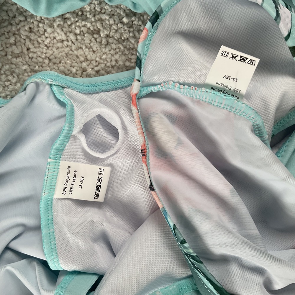 Girls Light Blue Tropical Floral Tankini Ruffle Twist Back Swimsuit Set 15-16Y - Picture 6 of 10